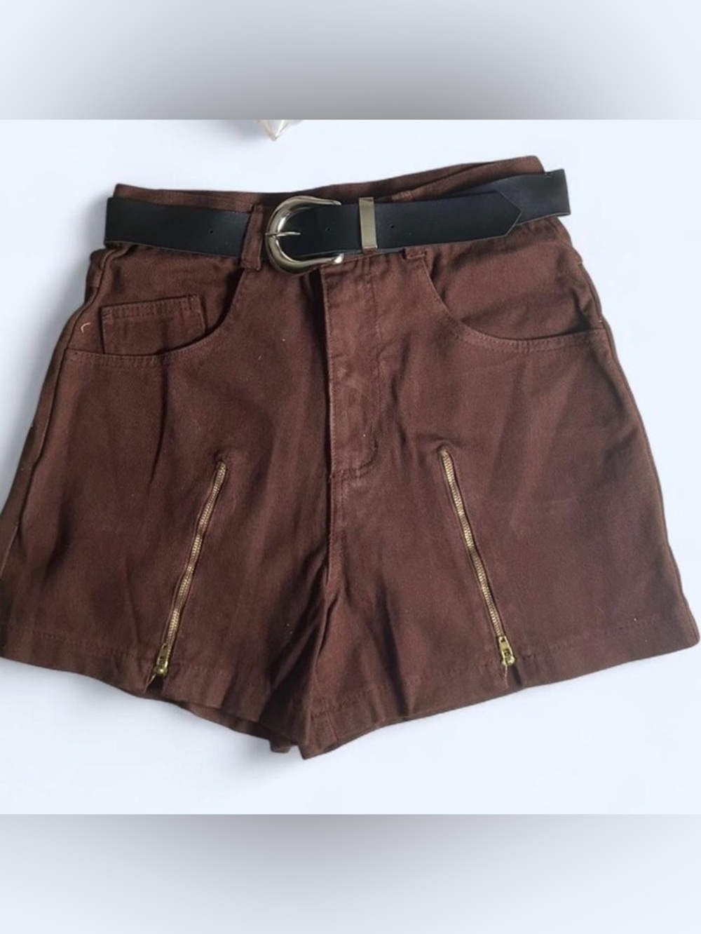High-Waist Brown Shorts with Front Zippers